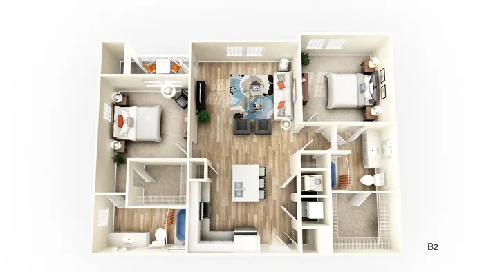 3D floor plan with two bedrooms, open living area, and modern kitchen.