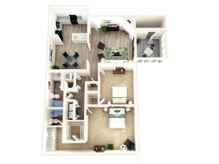 Chic 3D floor plan featuring 2 bedrooms, a modern kitchen, open concept living area, and cozy outdoor patio.