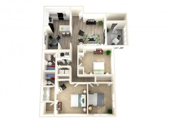 Modern 3D floor plan showcasing a cozy two-bedroom apartment with a spacious open-concept living area and kitchen.