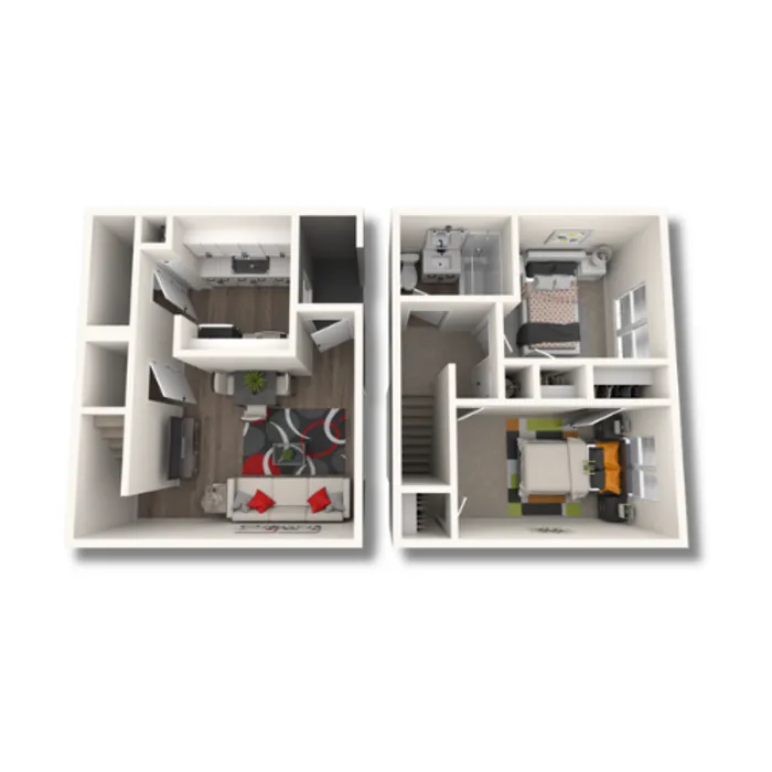 Modern 3D floor plan showcasing 2 bedrooms, open living area, and stylish kitchen, ideal for contemporary living.