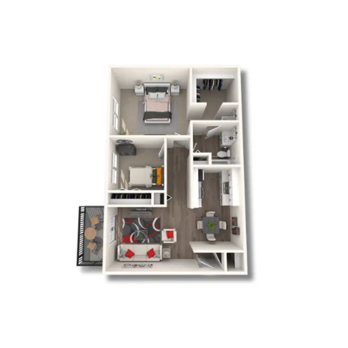 Modern 3D apartment layout with 2 cozy bedrooms, an elegant open-plan living and dining area, a sleek kitchen, and a private balcony.