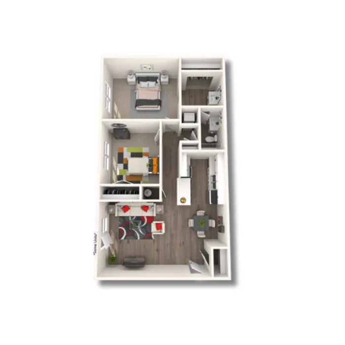 Modern 3D floor plan showcasing a cozy apartment with a bedroom, inviting living area, stylish kitchen, and compact bathroom.