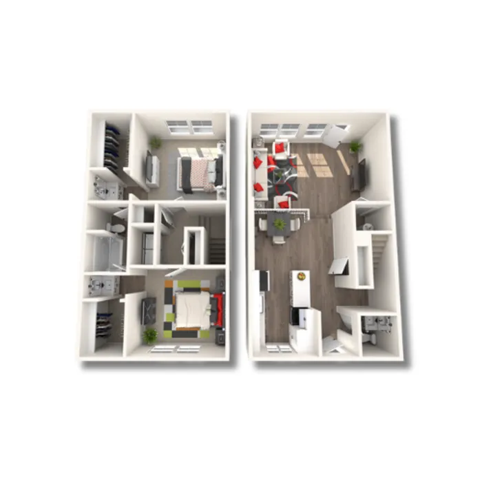 Modern 3D floor plan showcasing two levels with an inviting open-concept living space, two cozy bedrooms, a sleek kitchen, and stylish furnishings.