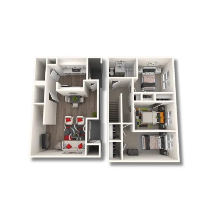Modern 3D floor plan with open living space, stylish kitchen, and cozy bedrooms, offering innovative design and spacious layout.