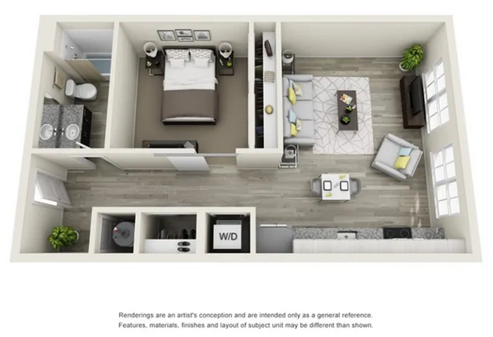 Chic one-bedroom apartment floor plan with an open-concept living and dining area, modern kitchen, and stylish bathroom.