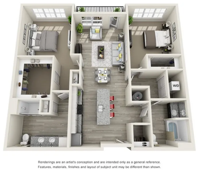 3D floor plan with 2 bedrooms, cozy living room, modern kitchen with island, and dual bathrooms.
