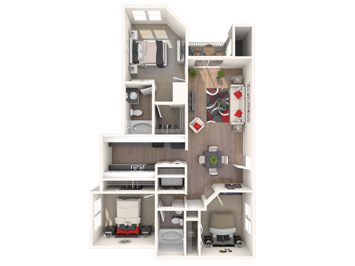 Chic 2D floor plan showcasing a modern apartment with 2 bedrooms, spacious living room, elegant dining area, and stylish kitchen, complete with two bathrooms and a private balcony.
