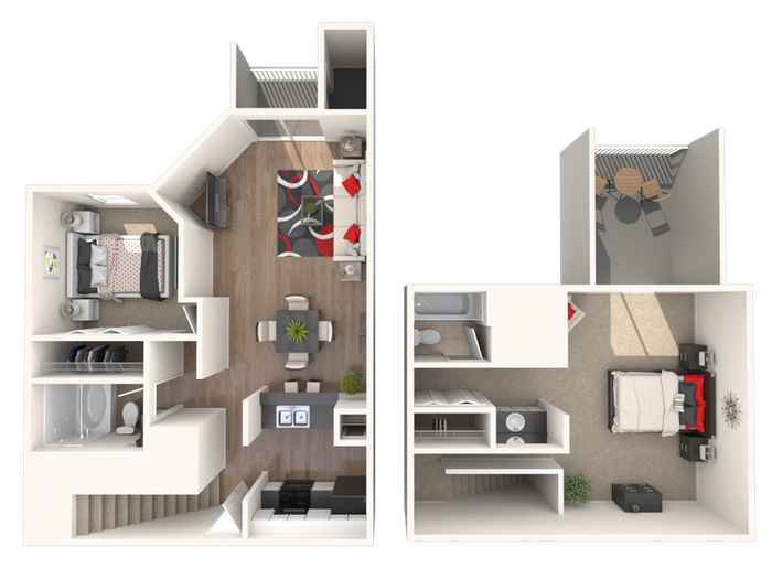 Modern two-story floor plan featuring two bedrooms, open living area, and private balcony, perfect for contemporary living.