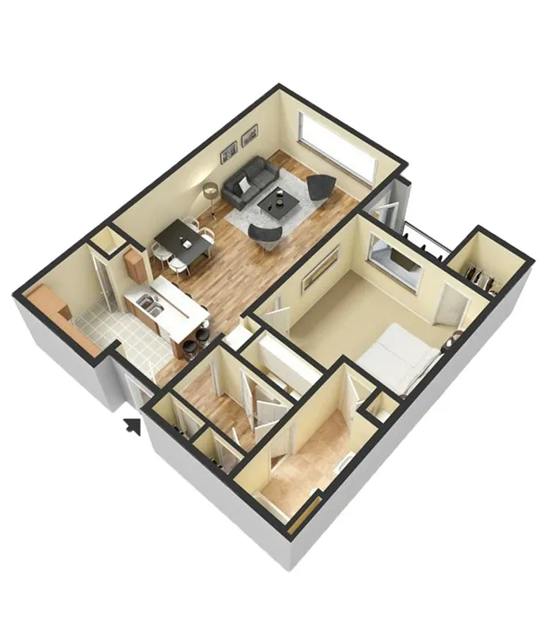 Charming 3D floor plan depicting a modern 1-bedroom apartment with an open-concept living area, cozy kitchen, and sleek bathroom.