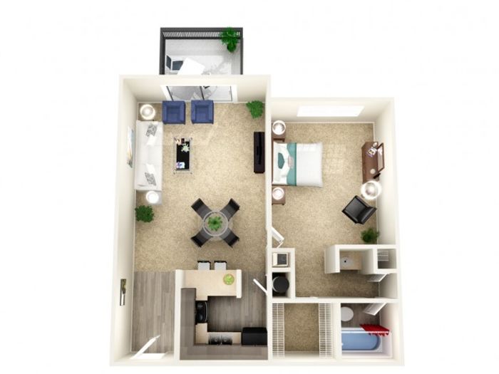 Modern 1-bedroom apartment floor plan featuring open-concept living area, stylish kitchen, and cozy bedroom.