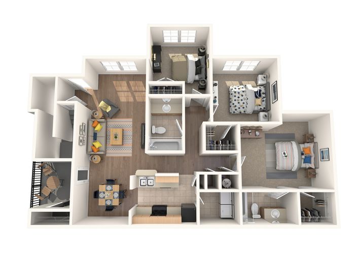 Modern 3D floor plan highlighting 3 bedrooms, a cozy living room, and an inviting kitchen with a breakfast nook.