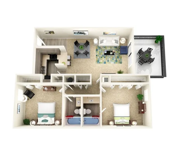 Spacious 3D floor plan showcasing 2 bedrooms, open-concept living and dining area, modern kitchen, and a cozy balcony for outdoor enjoyment.