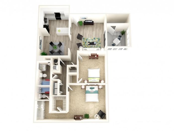 Modern 3D floor plan showcasing a welcoming apartment with 2 bedrooms, a bright living room, stylish kitchen, and designated office space.