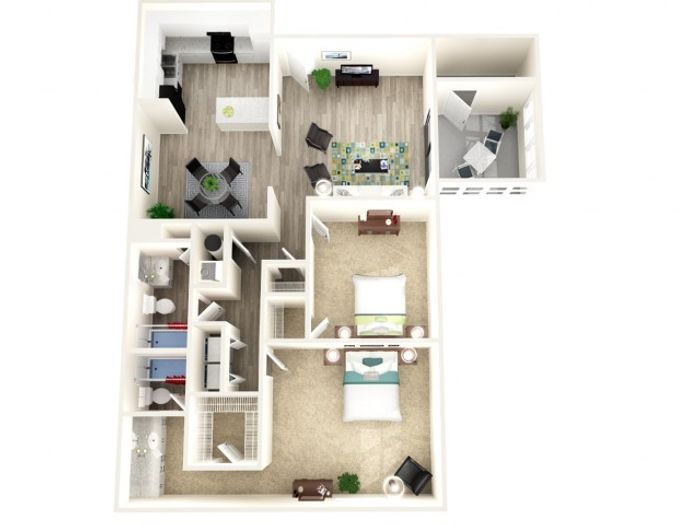Modern 3D floor plan showcasing 2 bedrooms, 2 bathrooms, an open living area, a sleek kitchen, and a sunlit patio.