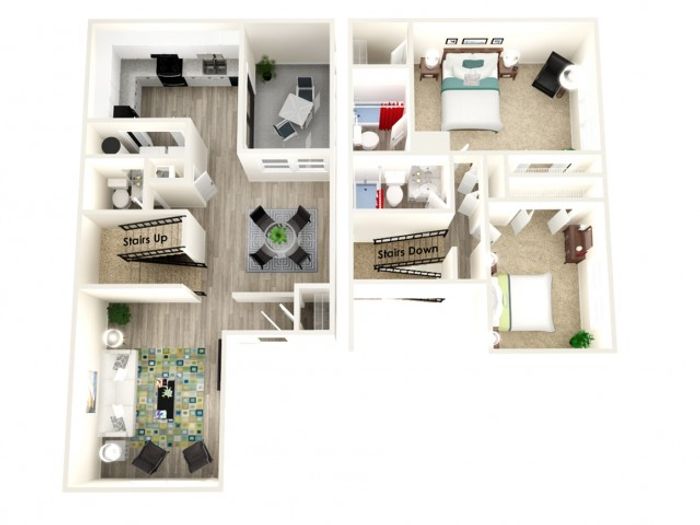 Charming 3D floor plan featuring 2 bedrooms, spacious living area, modern kitchen, and dual stair access, perfect for comfortable living.