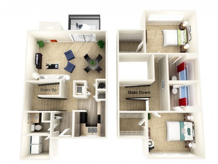 Modern 3D floor plan showcasing a stylish layout with two bedrooms, cozy living area, and functional kitchen, complete with stairs leading to upper and lower levels for versatile living.