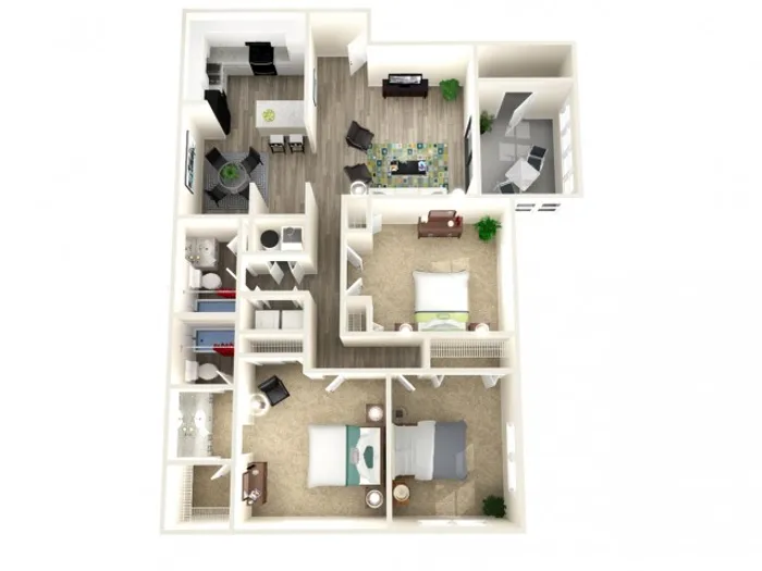 Modern 3D floor plan featuring 2 bedrooms, open-concept living and dining area, and a fully equipped kitchen with stylish furnishings.
