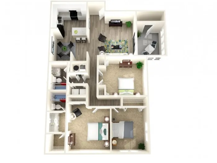 Modern 3D floor plan showcasing 2 cozy bedrooms, a spacious living room, and a contemporary kitchen with breakfast bar.