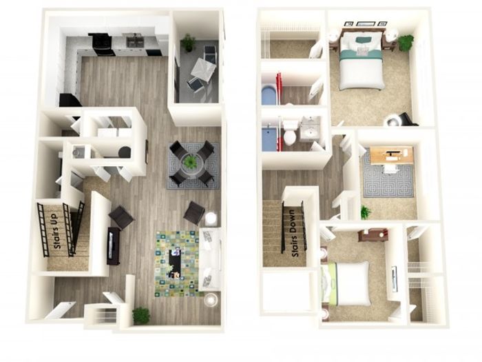 Charming two-story floor plan with open-concept living and dining area, two stylish bedrooms, modern kitchen, and cozy upper-level layout.