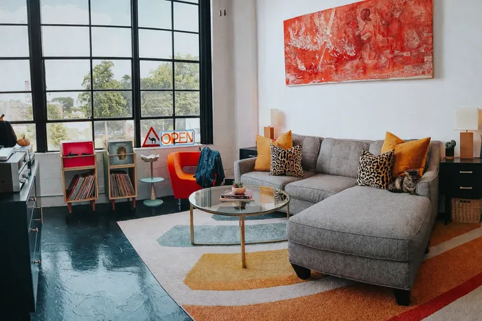 Factory Windows Living Room with Colorful Decor