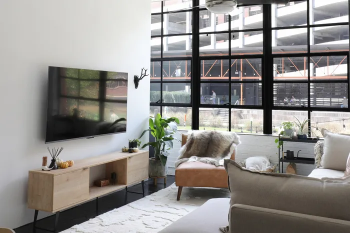 Factory Windows Living  Room with Beltline View and Light Oak Sideboard