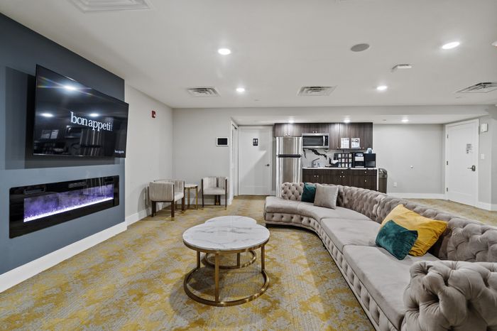 Chic lounge with plush seating, modern kitchen area, and stylish decor.