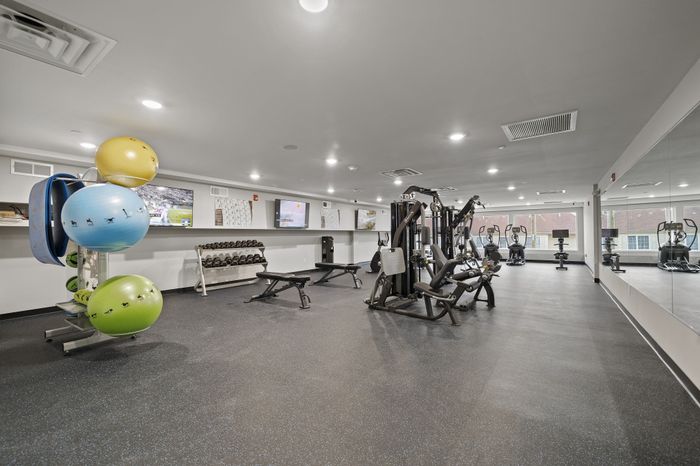 Spacious and modern gym with exercise equipment, free weights, and stability balls in a well-lit area.