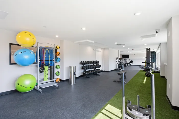 Contemporary fitness center with state-of-the-art equipment, featuring exercise balls, resistance bands, dumbbells, and cardio machines on a sleek, modern layout.