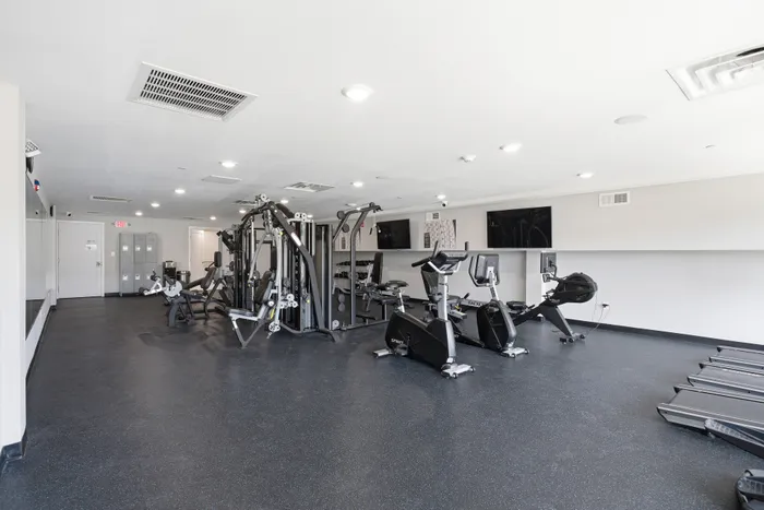 Modern fitness center equipped with state-of-the-art exercise machines, cardio stations, and ample workout space.
