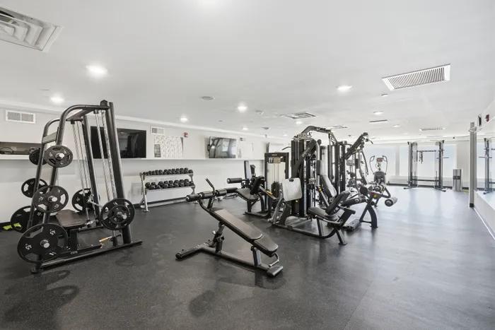 Modern fitness center with state-of-the-art exercise equipment, sleek design, and ample workout space.