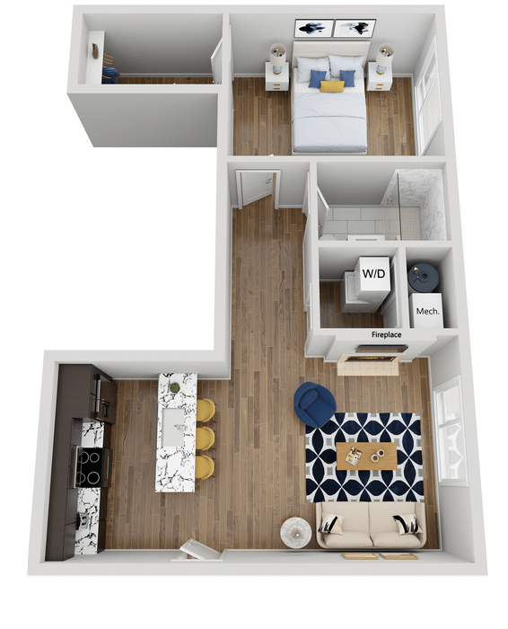 Chic 3D floor plan showcasing a one-bedroom apartment with elegant living space and modern kitchen.
