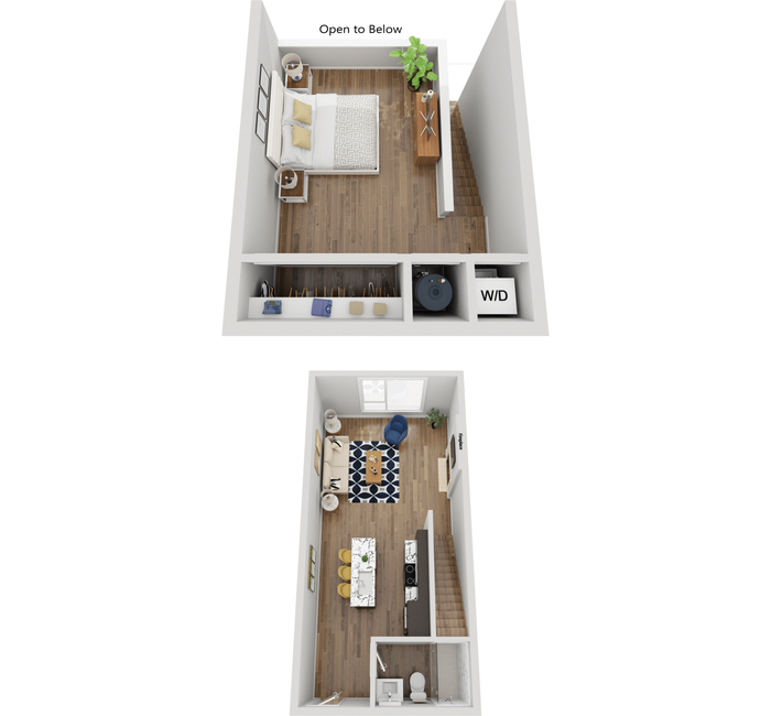 3D floor plan of a stylish duplex with a bedroom, open living area, and modern kitchen layout.