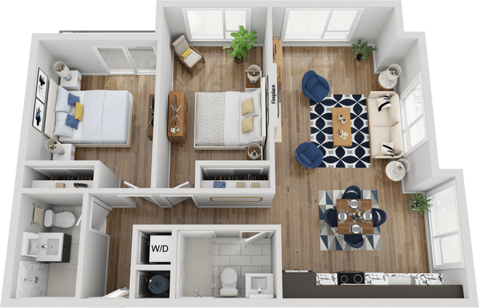 3D floor plan of a modern apartment with two bedrooms, cozy living room, dining area, and functional kitchen.