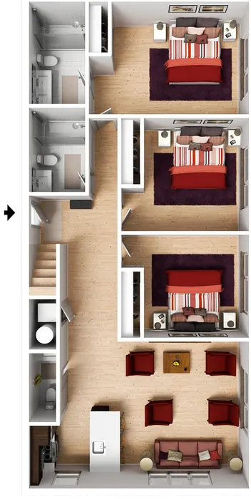 Contemporary floor plan showcasing 3 inviting bedrooms, a stylish open-concept living area, and a modern kitchen, perfect for urban living.