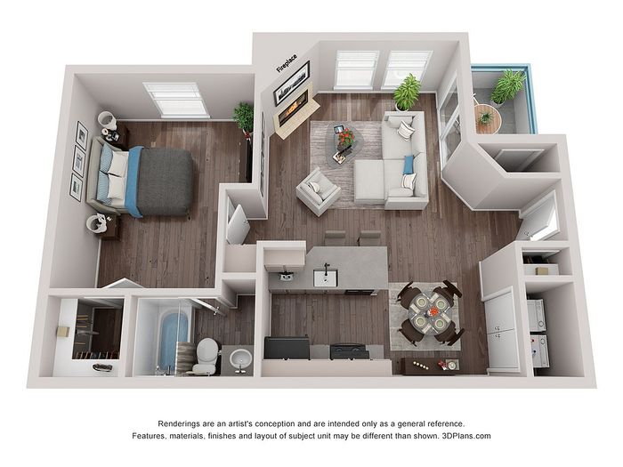 Charming 3D floor plan showcasing a cozy one-bedroom apartment with a modern living room, elegant kitchen, and inviting dining area. Includes a stylish bathroom and a small balcony for relaxation.