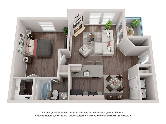 Modern 3D floor plan showcasing a cozy one-bedroom apartment with an open living area, contemporary kitchen, and balcony with lush greenery.