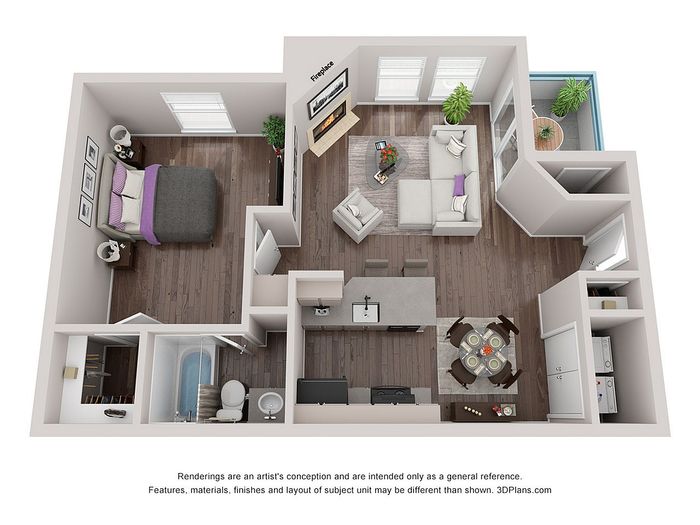 Modern open-plan apartment layout featuring a cozy bedroom, inviting living area with fireplace, and a sleek kitchen with dining space.