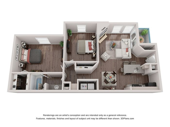 Modern floor plan featuring two spacious bedrooms, a cozy living room with a fireplace, a stylish open kitchen, and a private balcony, perfect for contemporary living.