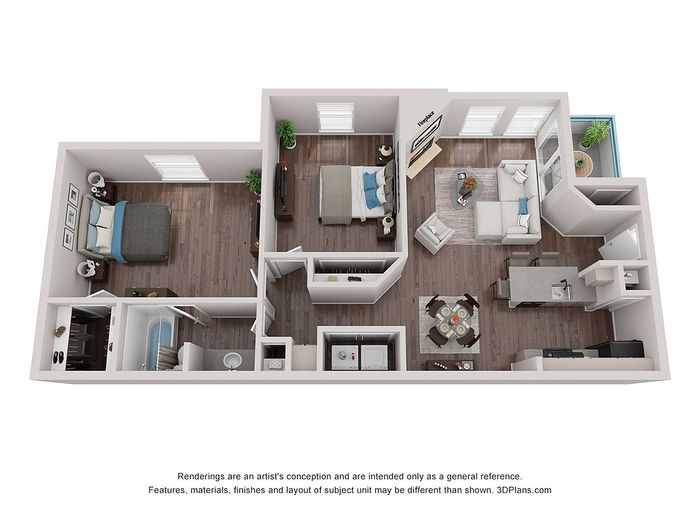 Chic 3D floor plan showcasing 2 bedrooms, an inviting living room, modern kitchen, and dining area with sleek wood flooring.