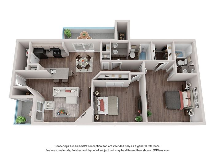Elegant 3D floor plan showcasing 2 spacious bedrooms, an inviting open-concept living and dining area, a modern kitchen, and a charming balcony.