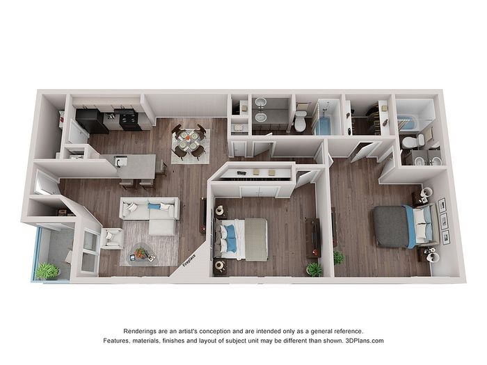 Modern 2D floor plan with 2 spacious bedrooms, elegant bathrooms, and an open living area featuring a stylish kitchen and cozy dining space.
