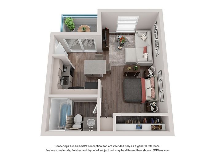 Elegant 3D floor plan showcasing a cozy one-bedroom apartment with an open-concept living and kitchen area, modern bathroom, and private balcony.