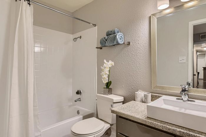 Elegant bathroom featuring a granite countertop, modern sink, and luxurious bathtub with a stylish orchid decoration.