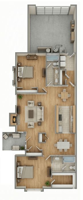 Modern 3D floor plan featuring two spacious bedrooms, a cozy living area with a fireplace, an open kitchen, and two bathrooms, perfect for comfortable living.