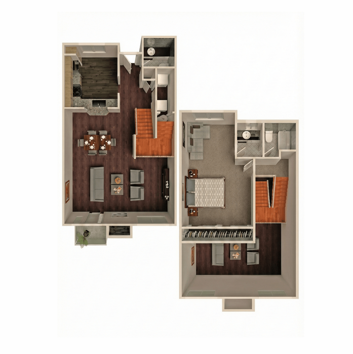 Elegant two-level floor plan showcasing a modern open-concept living area, inviting dining space, stylish kitchen, and cozy bedroom with ensuite bathroom.