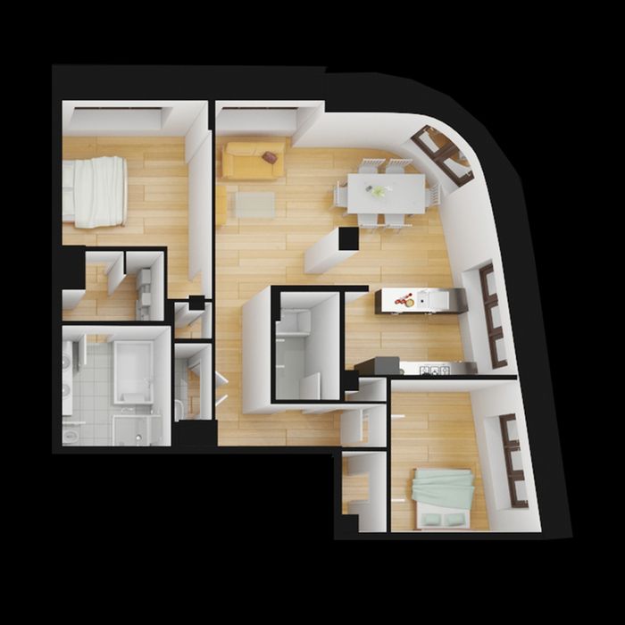 Modern 3D floor plan showcasing a bright apartment with two cozy bedrooms, a spacious bathroom, and an open-concept living and dining area.