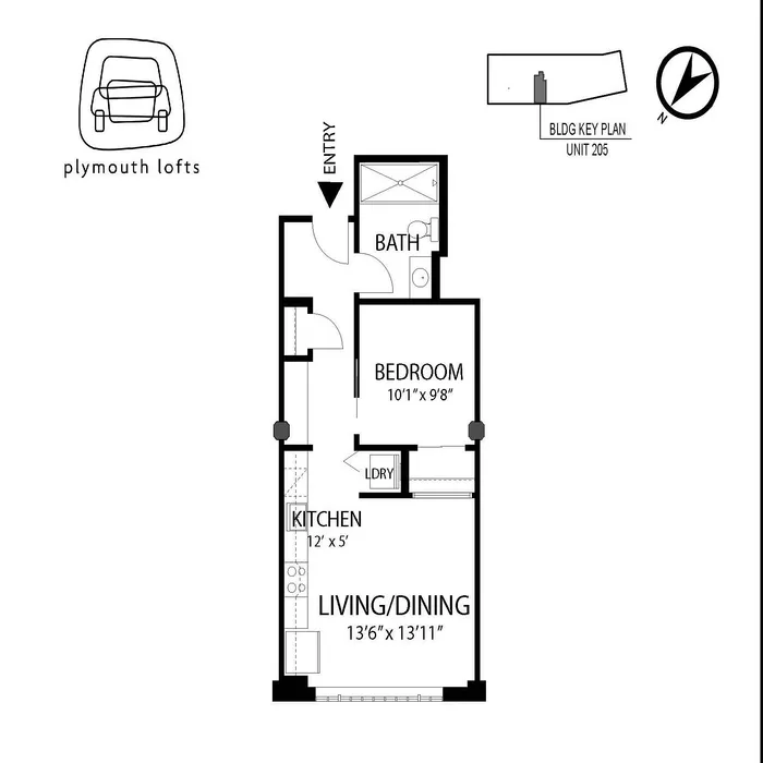 Efficient 1-bedroom floor plan at Plymouth Lofts, featuring an open living/dining area and modern kitchen, 535 sq ft, unit 205.