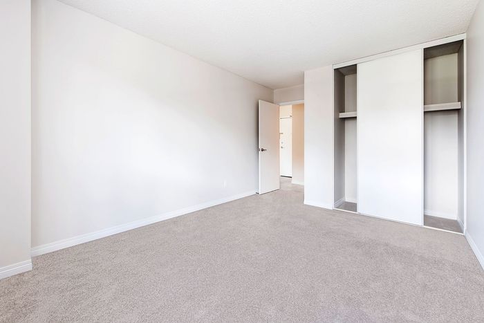 Bright, spacious bedroom with plush carpeting, ample closet space, and fresh white walls, offering a clean and inviting atmosphere.