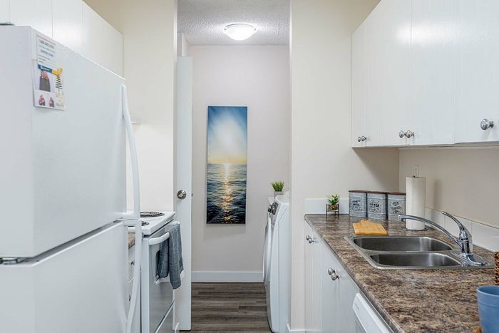 Charming galley kitchen with sleek countertops, white cabinetry, and vibrant wall art creating a fresh and inviting atmosphere.