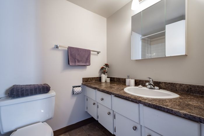 Inviting bathroom with elegant brown granite countertops, sleek white cabinetry, and soft purple accents for a modern touch.